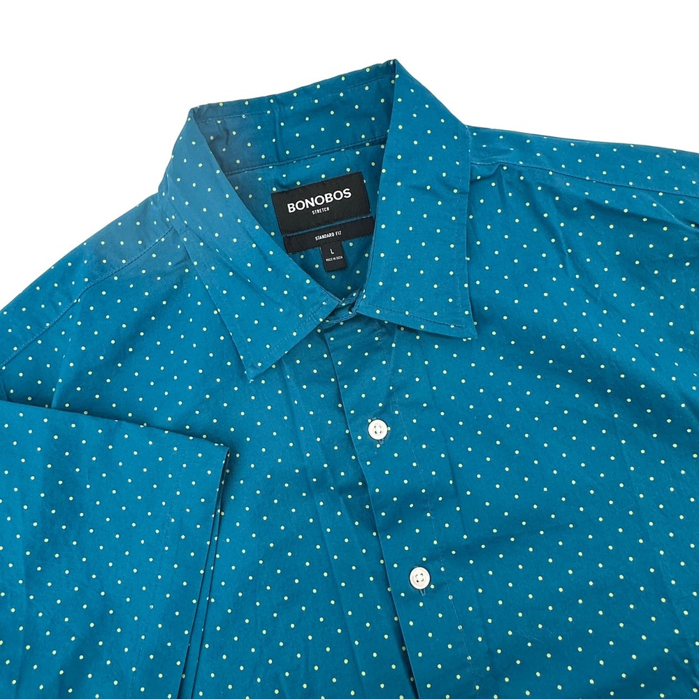 Bonobos Mens Stretch Short Sleeve Button Down Shirt Teal Polka Dot Large L